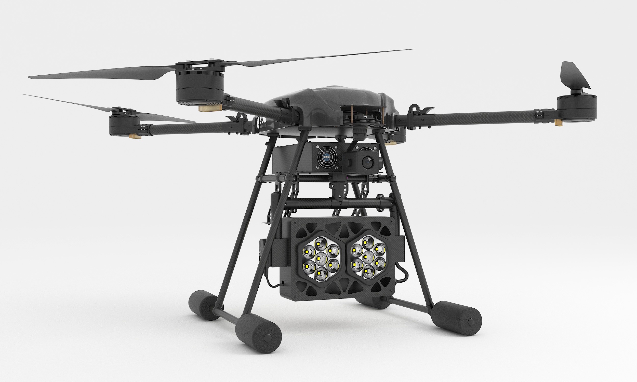 SDR T-dori tethered hybrid drone with searchlight payload